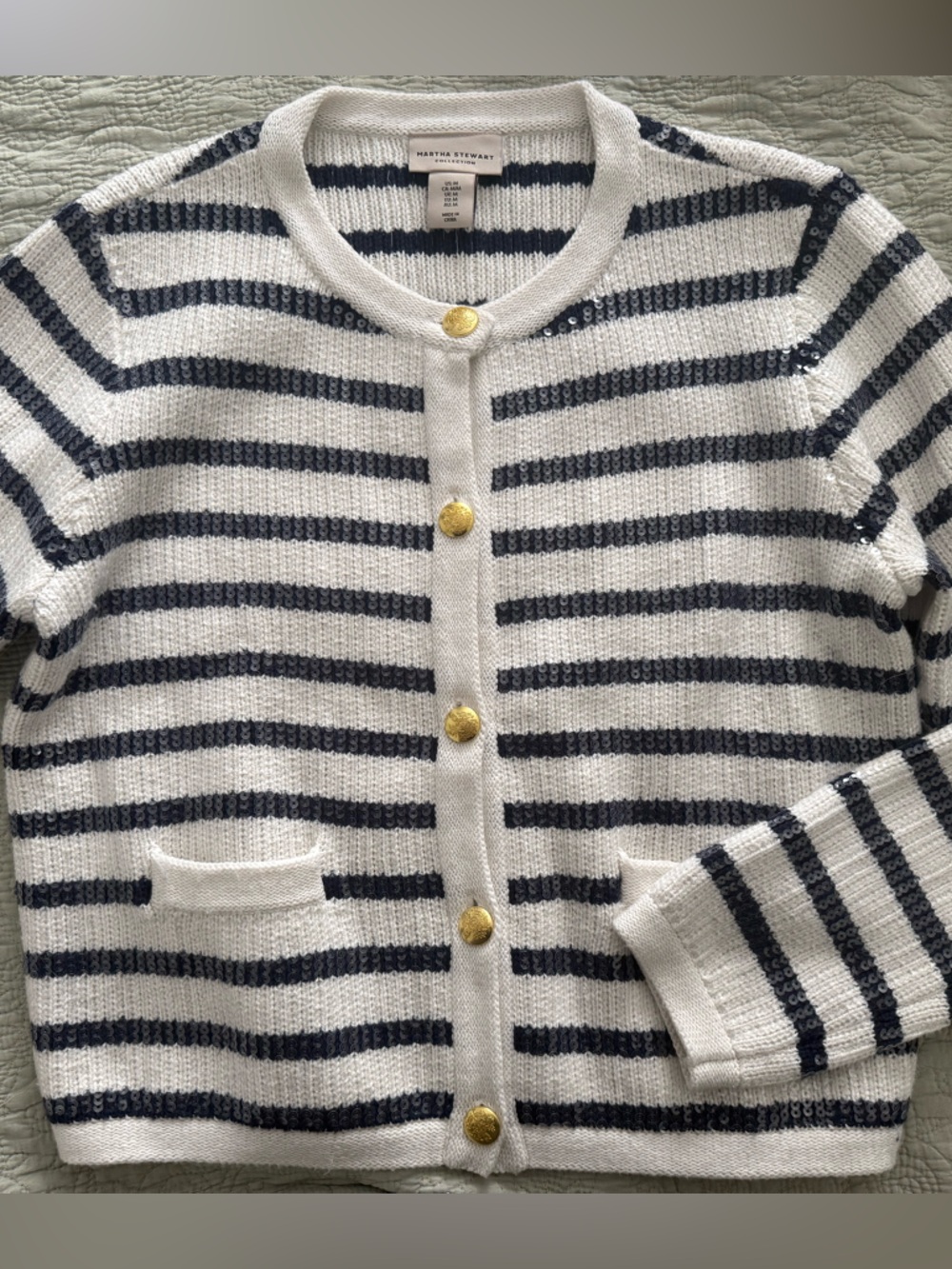 Martha Stewart Navy and White Striped Gold-Button Cardigan